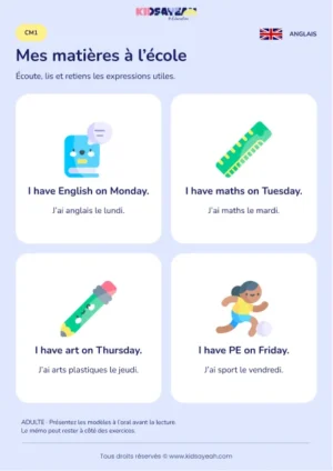 Apprendre les matières et les jours avec I have au CM1 — leçon illustrée