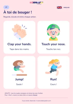Apprendre quatre consignes pour bouger en anglais au CP — leçon illustrée