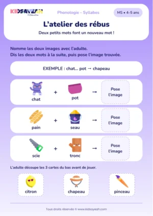 Assembler chat-pot, pain-seau et scie-tronc en rébus en MS — aperçu de la fiche à imprimer
