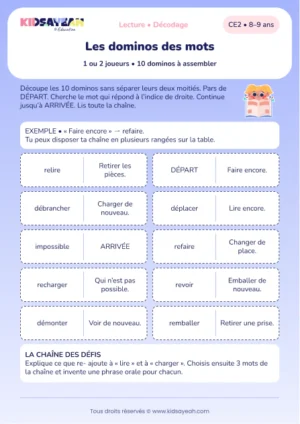 assembler dix dominos de mots préfixés au CE2 — aperçu de la fiche CE2 à imprimer