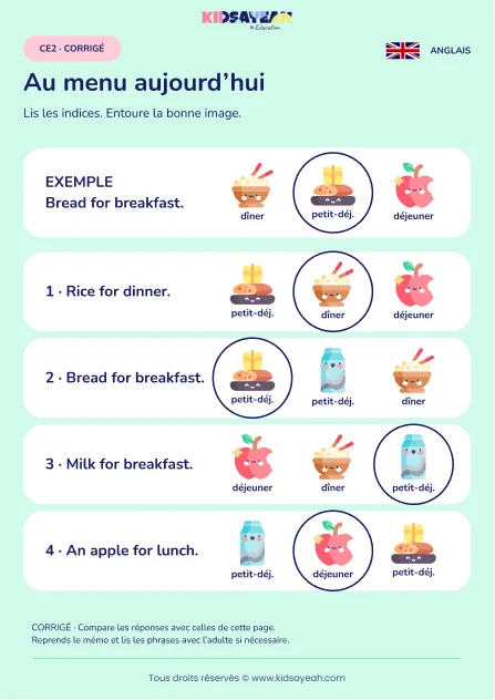 Associer aliments et repas dans des phrases anglaises au CE2 — corrigé