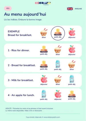 Associer aliments et repas dans des phrases anglaises au CE2 — fiche enfant