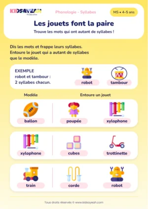 Associer ballon, train et xylophone par nombre de syllabes en MS — aperçu de la fiche à imprimer