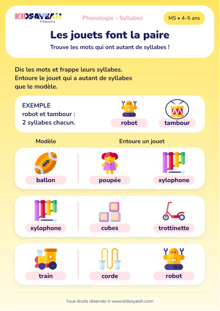 Associer ballon, train et xylophone par nombre de syllabes en MS — aperçu de la fiche à imprimer