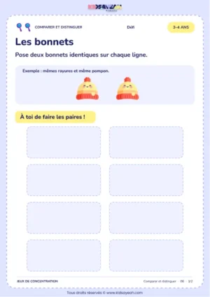 Associer des bonnets identiques sur un plateau - jeu d’observation 3–4 ans