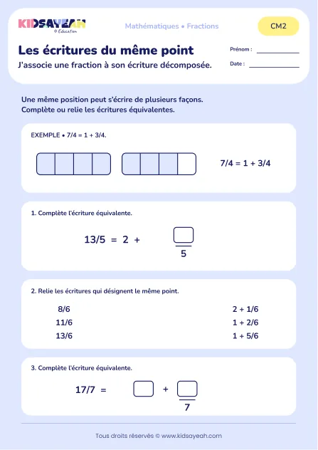 Associer des fractions en sixièmes à leur décomposition au CM2 : aperçu de la fiche Les écritures du même point