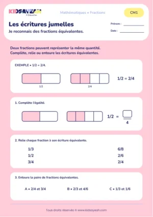 Associer des fractions équivalentes avec des bandes au CM1 : aperçu de la fiche Les écritures jumelles