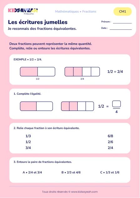 Associer des fractions équivalentes avec des bandes au CM1 : aperçu de la fiche Les écritures jumelles