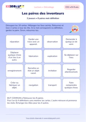 associer huit mots longs à leur définition dans un memory au CE2 — aperçu de la fiche CE2 à imprimer
