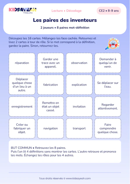 associer huit mots longs à leur définition dans un memory au CE2 — aperçu de la fiche CE2 à imprimer