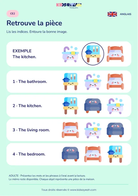 Associer le nom anglais d’une pièce à son image au CE2 — fiche enfant