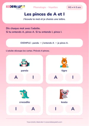 Associer les sons A et I aux lettres avec des pinces en MS — aperçu de la fiche à imprimer