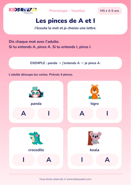 Associer les sons A et I aux lettres avec des pinces en MS — aperçu de la fiche à imprimer
