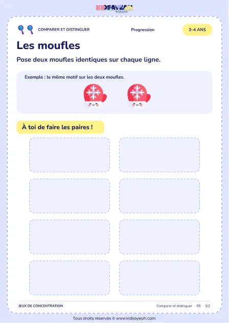 Associer des moufles identiques sur un plateau - jeu de paires 3–4 ans