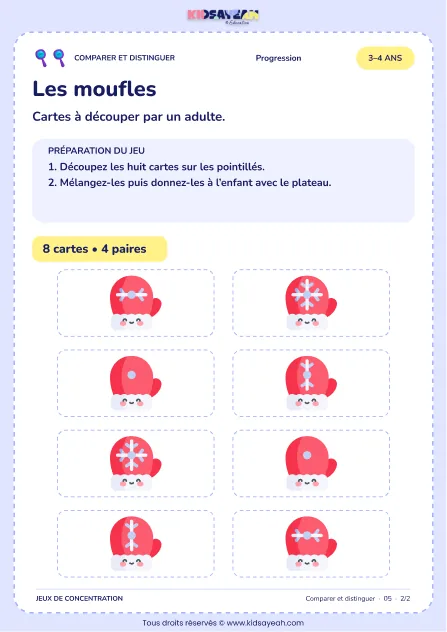 Huit cartes moufles à découper pour former quatre paires identiques