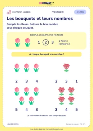 Les bouquets et leurs nombres – associer quantité et nombre 4–5 ans à imprimer