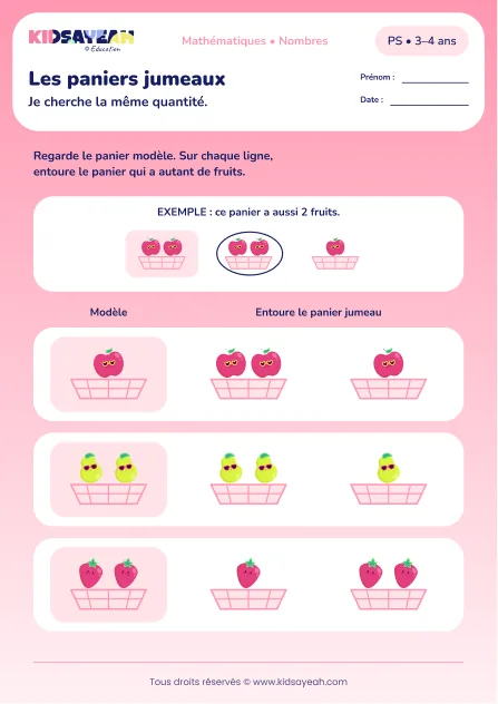 Les paniers jumeaux – associer les quantités 1 et 2 en PS