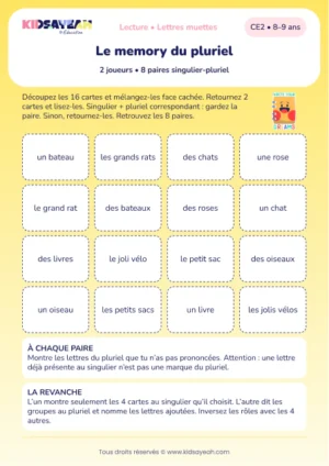 associer singulier et pluriel et repérer les lettres muettes au CE2 — aperçu de la fiche CE2 à imprimer