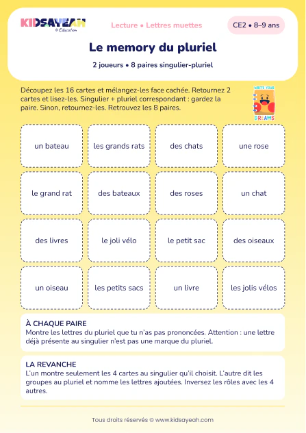associer singulier et pluriel et repérer les lettres muettes au CE2 — aperçu de la fiche CE2 à imprimer