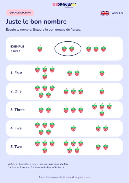 Associer un nombre anglais à un groupe de fraises en GS — fiche enfant