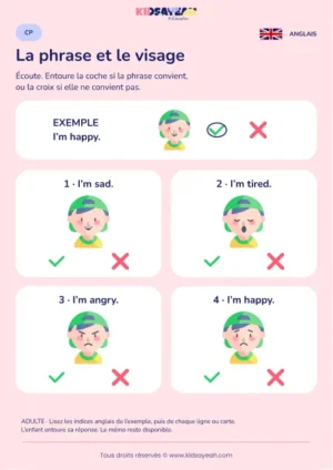 Associer une phrase anglaise au bon visage au CP — fiche enfant