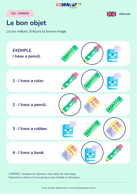 Associer une phrase I have à un objet scolaire au CE2 — corrigé