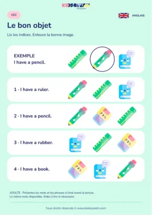 Associer une phrase I have à un objet scolaire au CE2 — fiche enfant