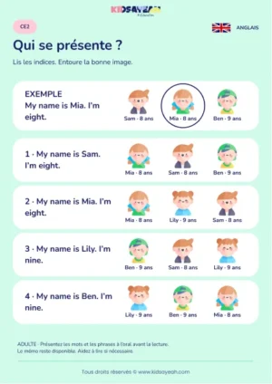 Associer une présentation écrite à un personnage au CE2 — fiche enfant