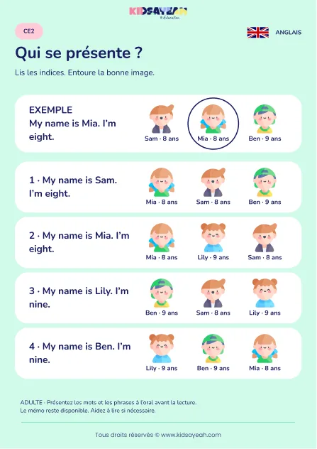 Associer une présentation écrite à un personnage au CE2 — fiche enfant