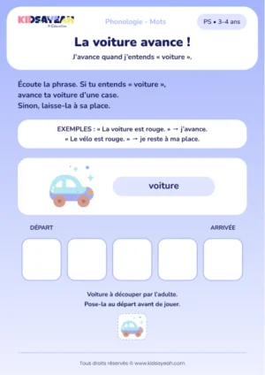 Avancer une voiture en écoutant un mot-cible en PS — aperçu de la fiche à imprimer