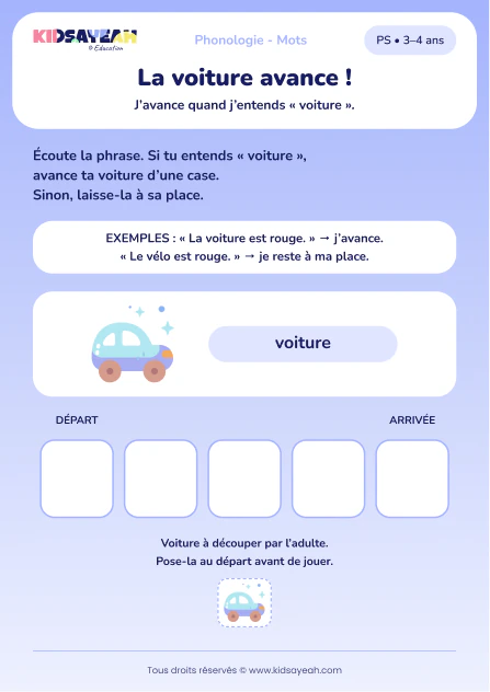 Avancer une voiture en écoutant un mot-cible en PS — aperçu de la fiche à imprimer