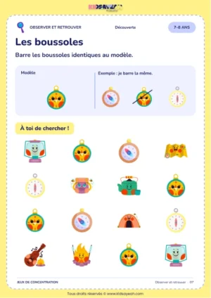 Barrer quatre boussoles identiques au modèle parmi seize objets — jeu d’observation 7–8 ans