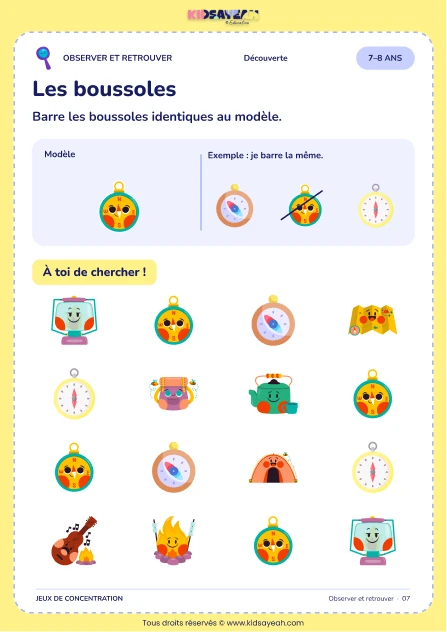 Barrer quatre boussoles identiques au modèle parmi seize objets — jeu d’observation 7–8 ans