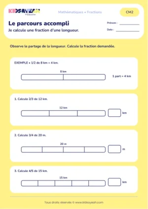 Calculer 2/3 d’un trajet et 3/4 d’une longueur au CM2 : aperçu de la fiche Le parcours accompli