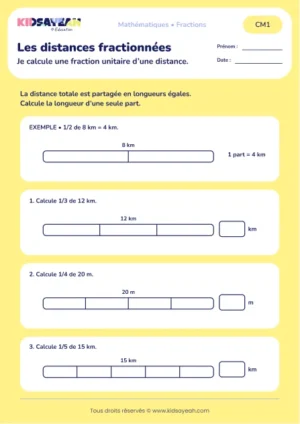 Calculer un tiers, un quart ou un cinquième d’une distance au CM1 : aperçu de la fiche Les distances fractionnées