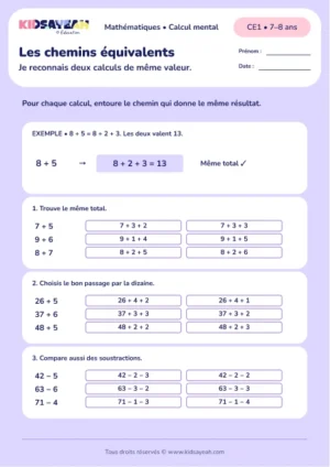 Calculs équivalents au CE1 : Les chemins équivalents — fiche enfant