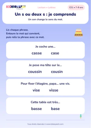 choisir case, coussin, visse et basse dans les phrases au CE1 — aperçu de la fiche CE1 à imprimer