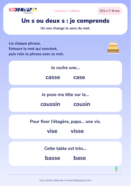 choisir case, coussin, visse et basse dans les phrases au CE1 — aperçu de la fiche CE1 à imprimer