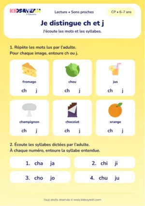 choisir ch ou j dans les aliments et les syllabes au CP — fiche CP à imprimer