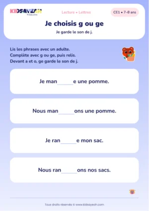 choisir g ou ge dans mange, mangeons, range et rangeons au CE1 — aperçu de la fiche CE1 à imprimer