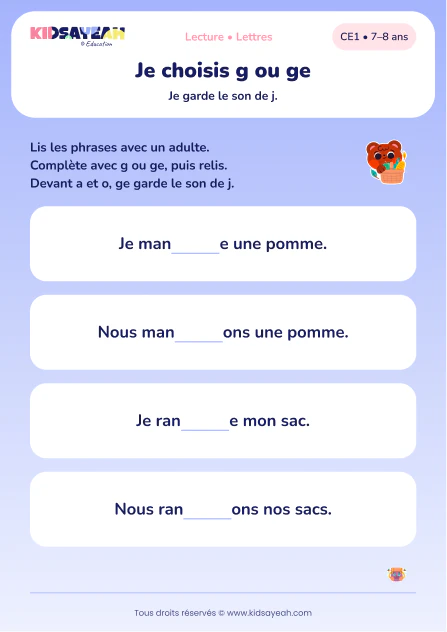 choisir g ou ge dans mange, mangeons, range et rangeons au CE1 — aperçu de la fiche CE1 à imprimer