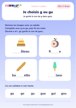 choisir g ou gu dans gâteau, figue, baguette et glace au CE1 — aperçu de la fiche CE1 à imprimer