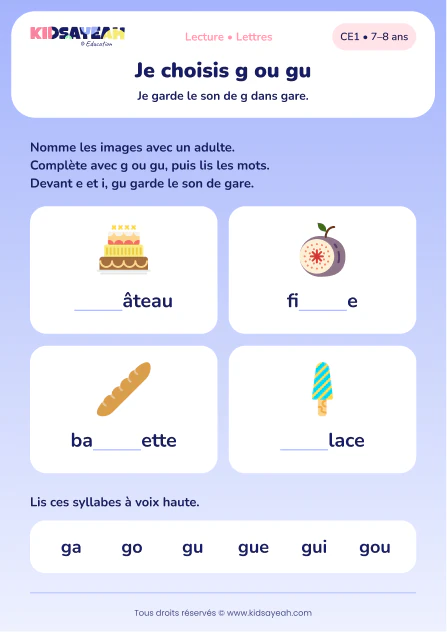 choisir g ou gu dans gâteau, figue, baguette et glace au CE1 — aperçu de la fiche CE1 à imprimer
