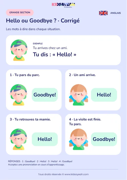 Choisir Hello ou Goodbye à l’oral en GS — corrigé