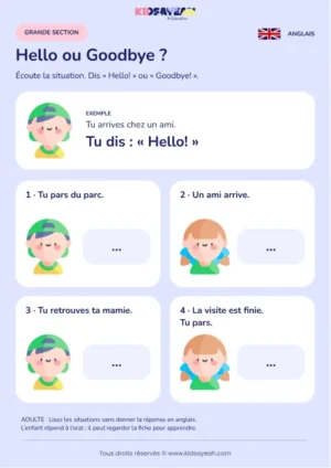 Choisir Hello ou Goodbye à l’oral en GS — fiche enfant
