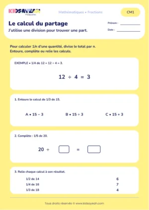 Choisir la division pour calculer une fraction unitaire au CM1 : aperçu de la fiche Le calcul du partage
