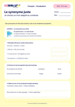 synonymes CM2 exercice à imprimer - fiche élève