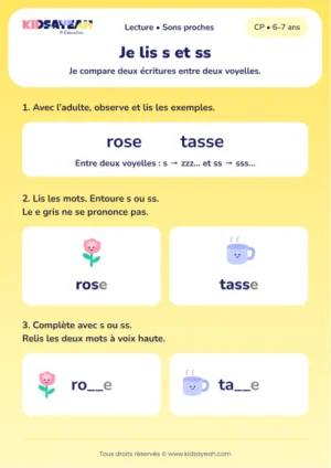 choisir s ou ss pour compléter rose et tasse au CP — fiche CP à imprimer