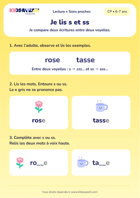 choisir s ou ss pour compléter rose et tasse au CP — fiche CP à imprimer