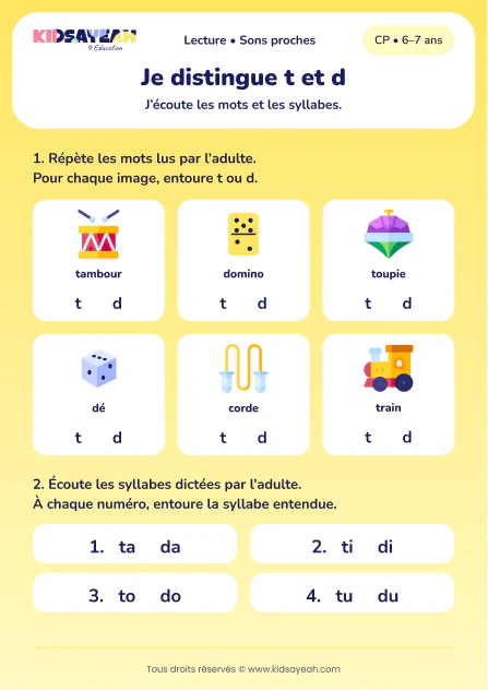 choisir t ou d dans les jouets et les syllabes au CP — fiche CP à imprimer